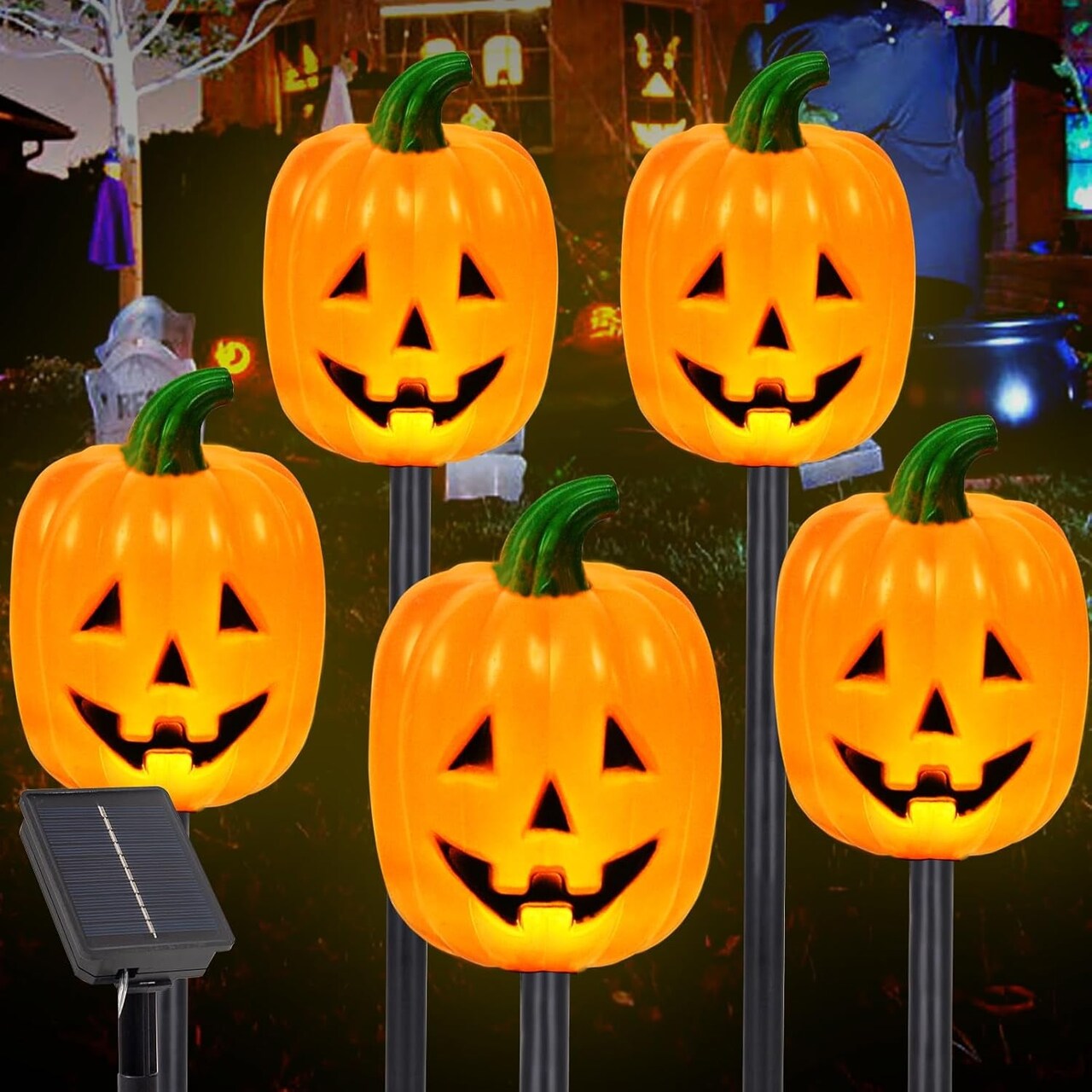 5 Pack Halloween Solar Lights,8 Modes Orange Pumpkin Garden Stake Lights,Waterproof Outdoor Halloween Decorations for Yard Lawn Patio Party (Orange)